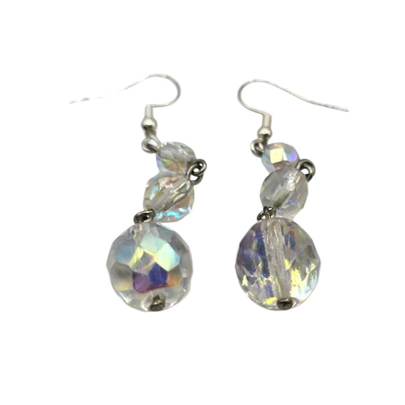 Pierced Earrings Aurora Borealis Crystal Dangle Silver Tone Glass Bead Drops - Picture 2 of 5